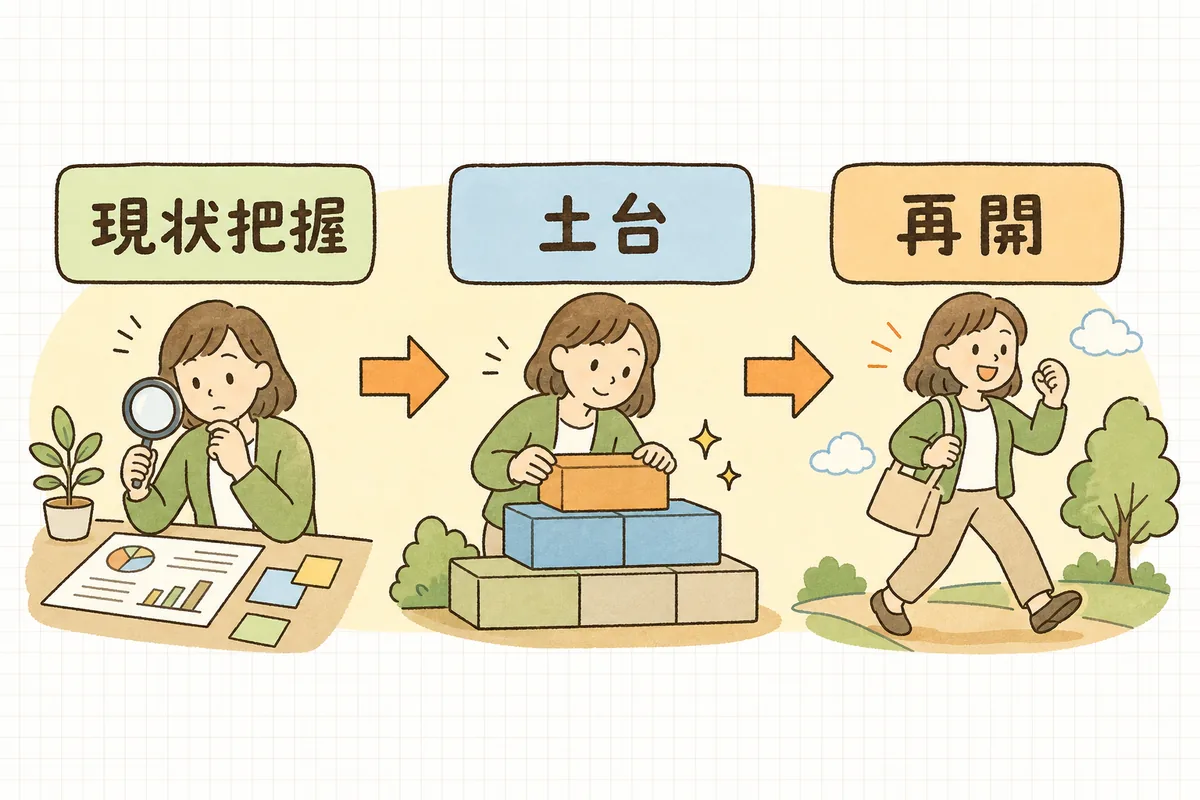 アカウント立て直しを「現状把握・土台を整える・小さく再開」の3ステップで進める図