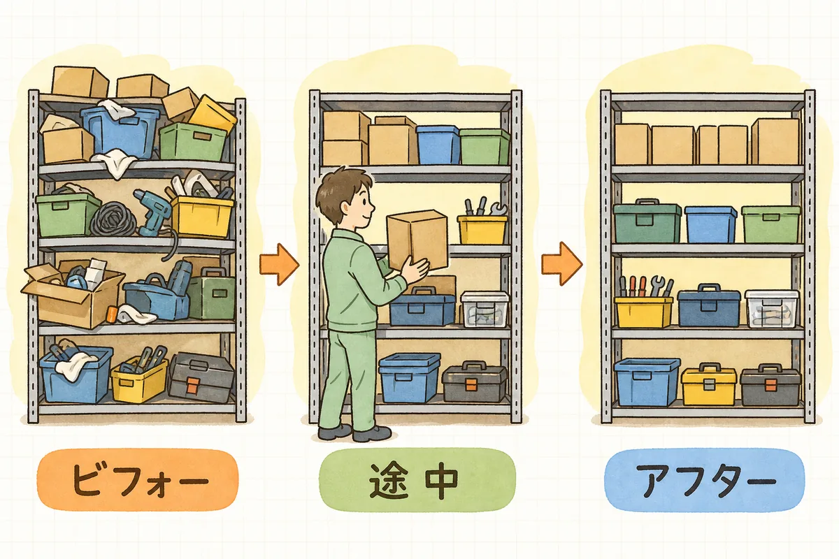 散らかった棚、整理している途中の棚、きれいに整った棚の3つの場面を、同じ角度で左から順に並べて変化を示した概念図