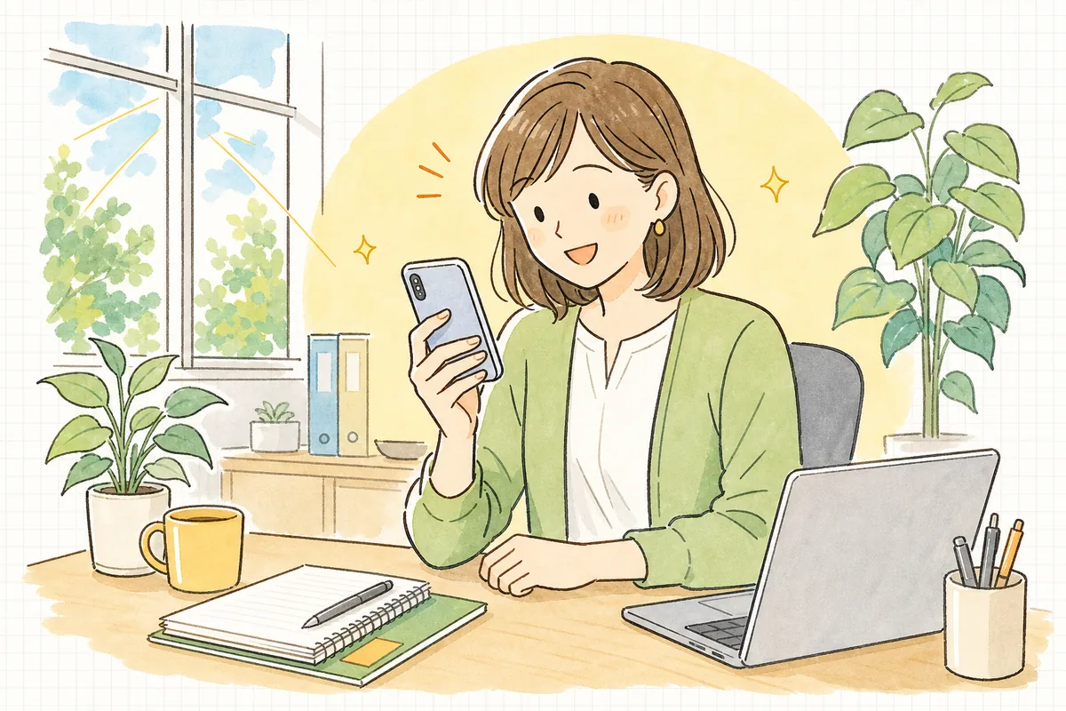 現場の同僚から届いた作業前の写真をスマートフォンで受け取り、うれしそうに微笑んでいる企業SNS担当者の情景