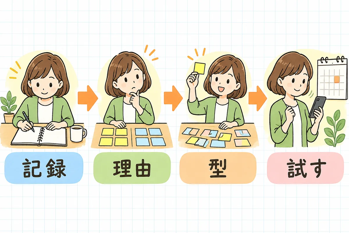 バズった投稿を次につなげる手順を、左から「記録」「理由」「型」「試す」の4つの場面で示した図