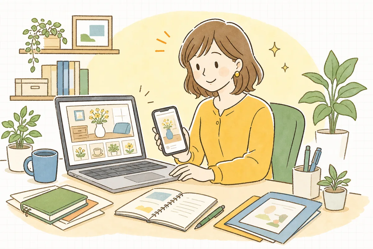 投稿に使う画像や引用元を確認しながら、著作権・肖像権をひとつずつ落ち着いて見直す企業SNS担当者の情景