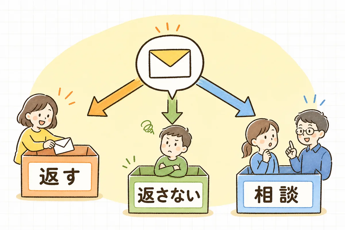 届いたコメントやDMを「返す」「返さない」「相談する」の3つに仕分ける様子を示す概念図