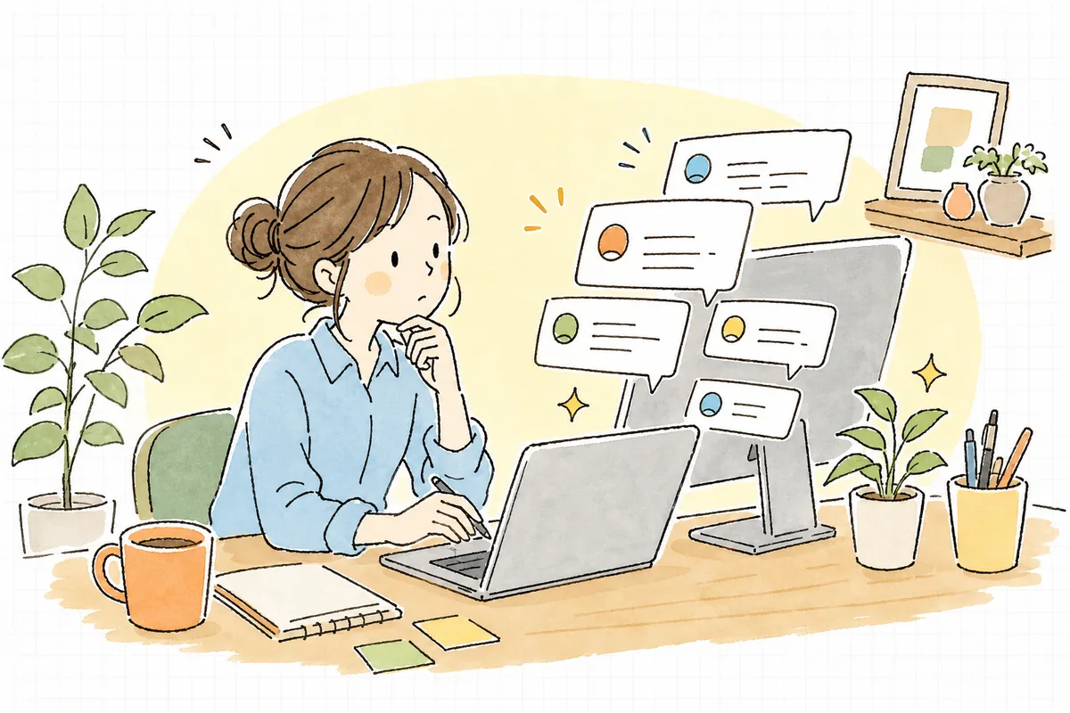 スマホに届いたコメントやDMの通知を前に、返信の言葉を考えて少し手を止めている企業SNS担当者の情景