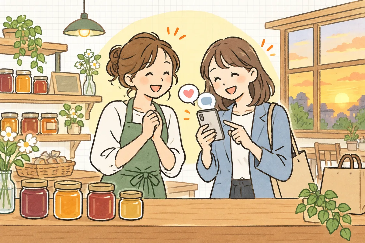 小さなお店のカウンターで、スタッフとSNS担当者がスマートフォンの画面をのぞき込み、お客様からの反応を見てうれしそうに笑い合っている情景