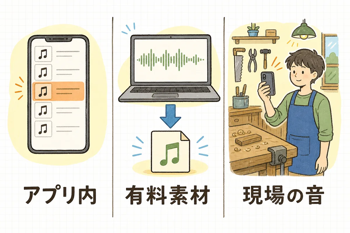 企業SNS動画で使える音源の3つの選択肢(アプリ内・有料素材・現場の音)を並べて示した図