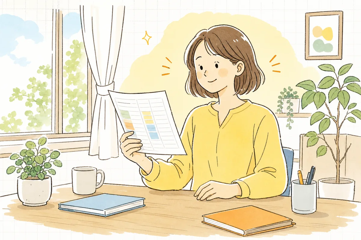 自分のアカウントの平均値を手元に持ち、数字に迷わず落ち着いて投稿を振り返る企業SNS担当者の情景