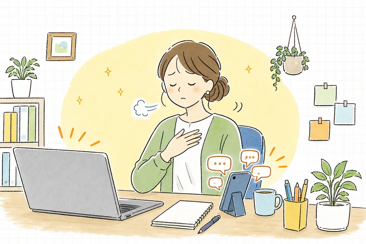通知が急に増えたスマホ画面を前に、一度深呼吸して落ち着こうとする企業SNS担当者の情景