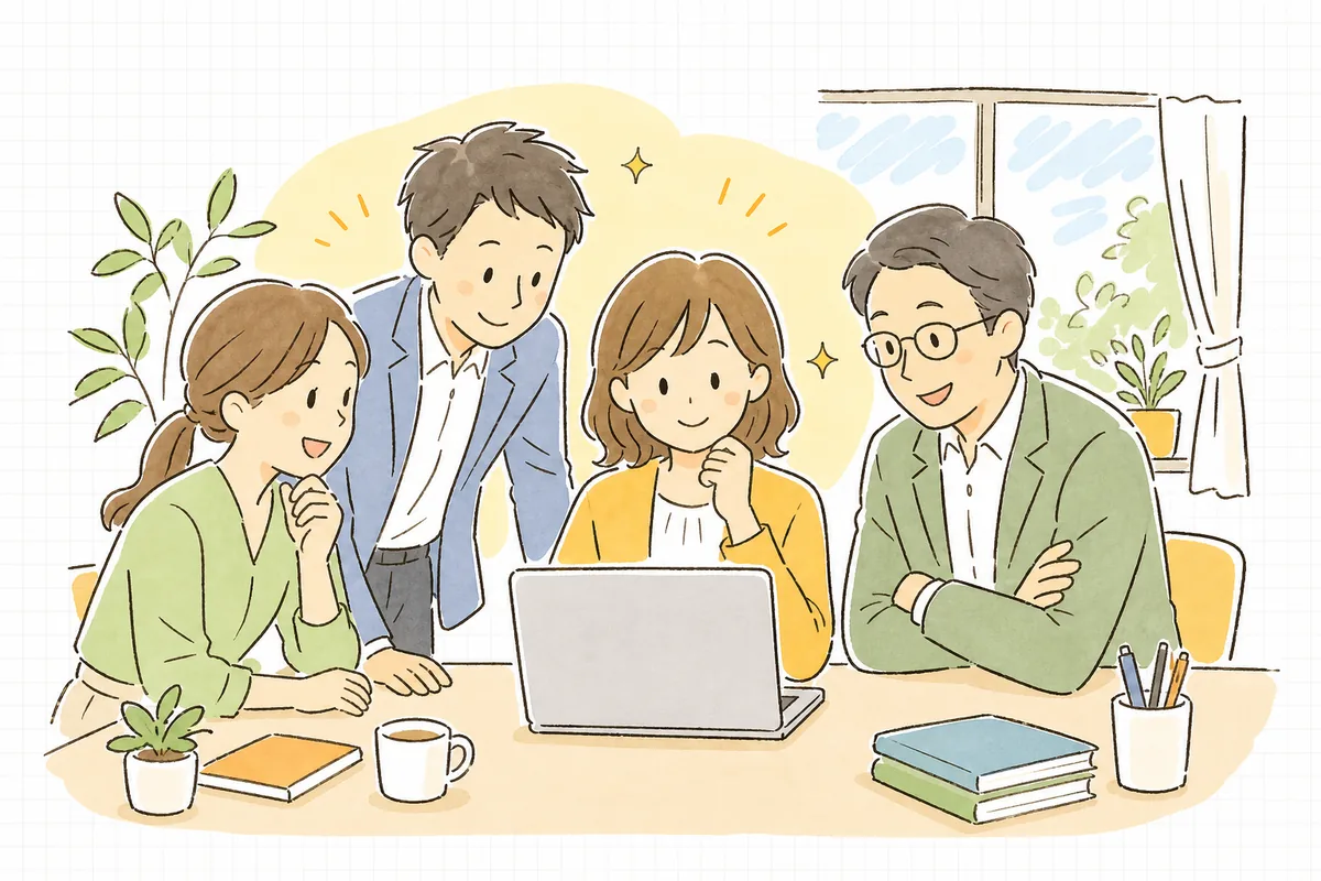 一次対応を終え、チームと落ち着いて状況を共有しながらほっと一息つく企業SNS担当者の情景