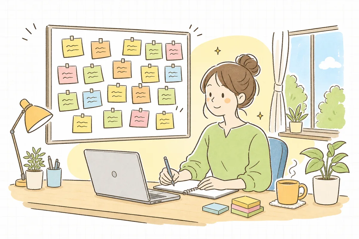 質問メモから作った投稿が並び、次のネタに困らなくなって明るい表情の企業SNS担当者の情景