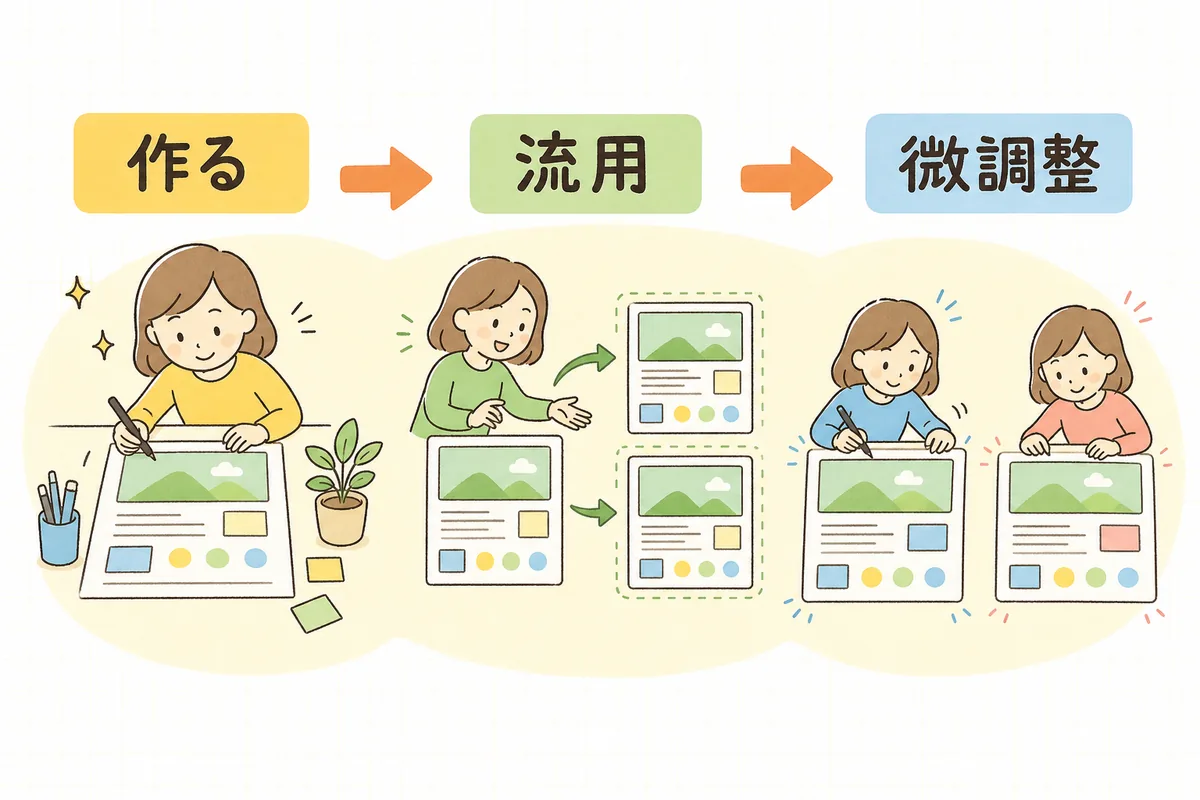 主力SNSで完成版を作り、土台を流用し、仕上げだけ各SNSに合わせて微調整する3ステップの流れ図