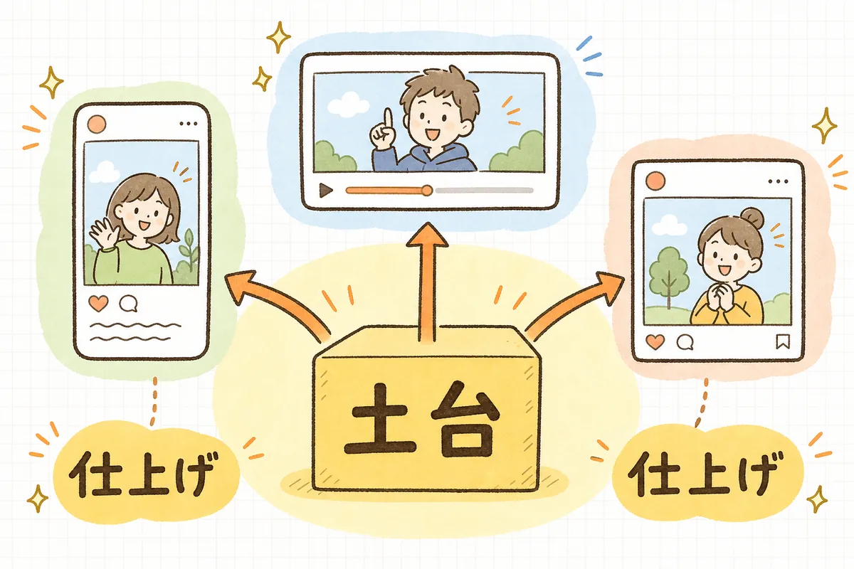 ひとつの投稿の土台(伝えたいこと・素材)を共通にし、仕上げだけSNSごとに変えることを示す概念図
