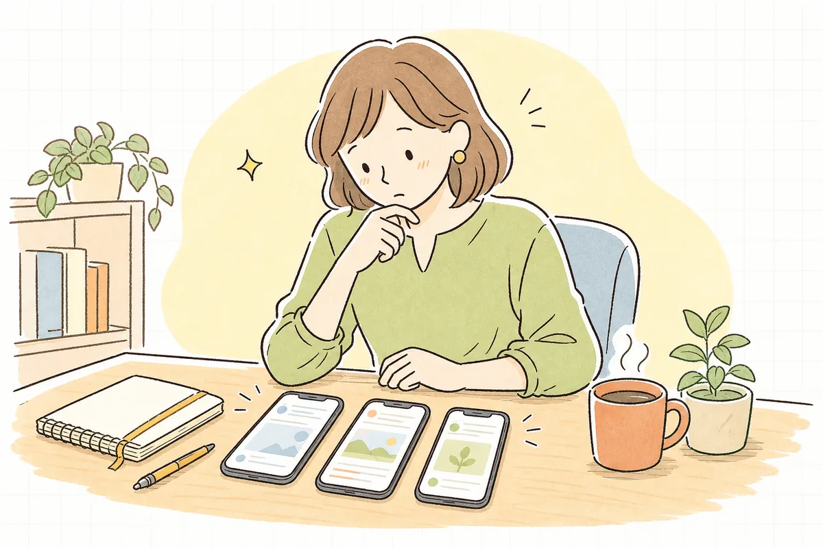 机に並べたスマホでX・Instagram・TikTokの画面を見比べながら、同じ投稿を使い回すか作り分けるか考えている企業SNS担当者の情景