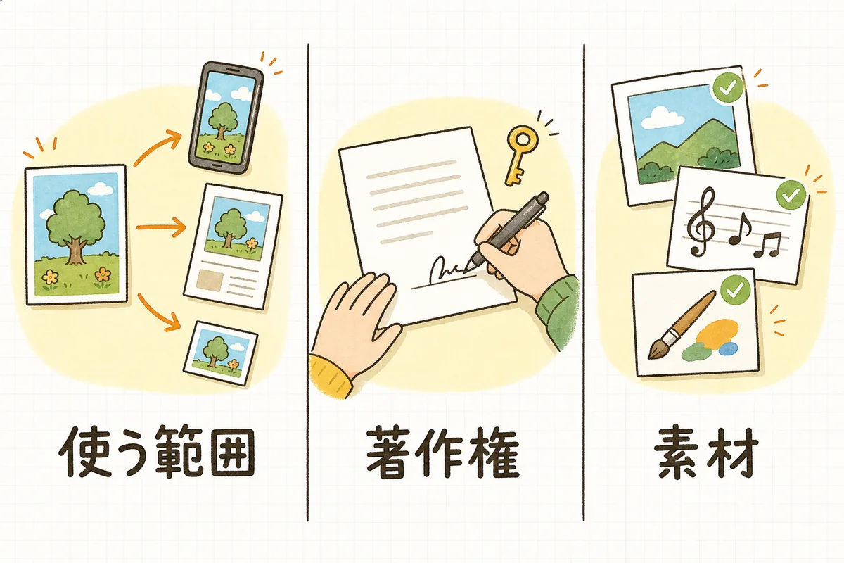 外注するときに決めておく3つのこと(使う範囲・著作権・素材)を並べて示した図