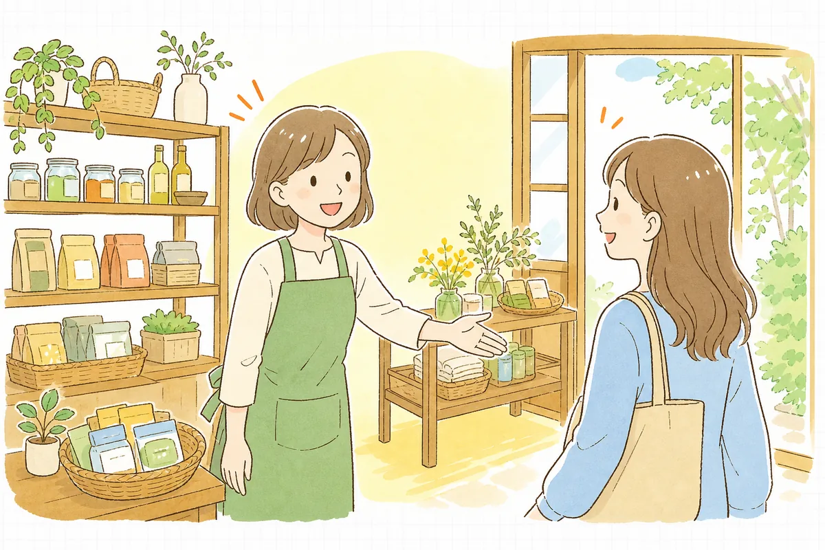 情報を整えたお店に来店したお客さんを、担当者が穏やかな笑顔で迎えている明るい情景