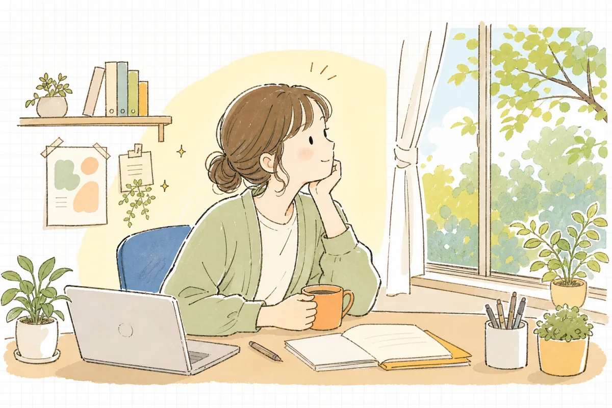 対応を終えて一区切りつき、ふっと肩の力が抜けて前を向く企業SNS担当者の情景