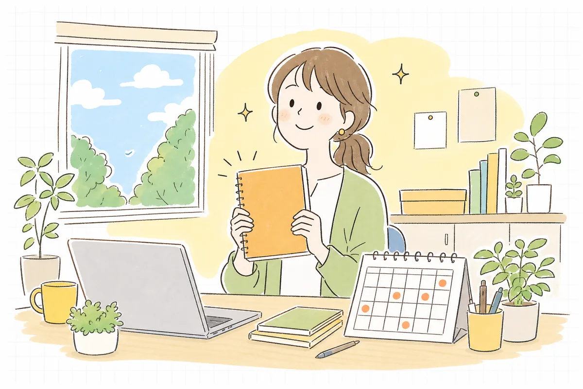 1枚のメモに年間計画の軸を書き終え、1年の見通しが立って表情がやわらいだひとり運用のSNS担当者の明るい情景