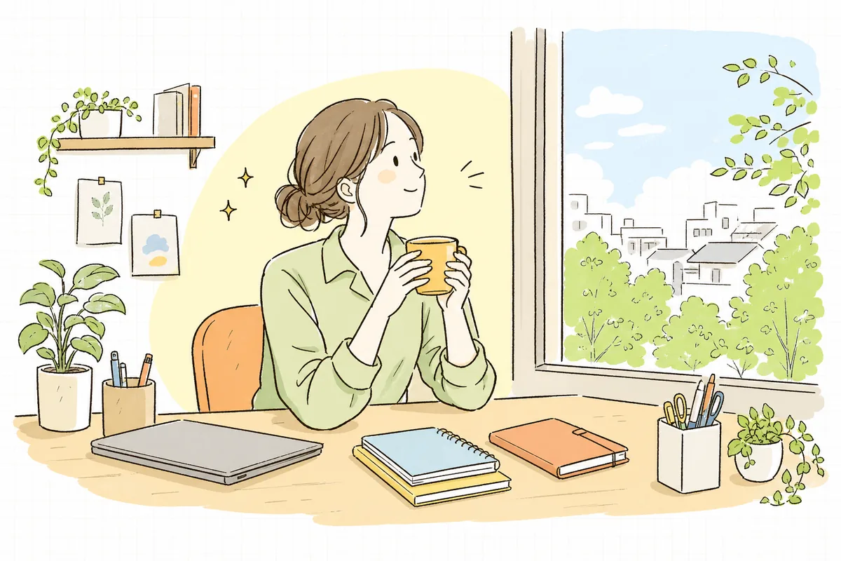 計画を立て終えてカレンダーを閉じ、窓の外を見て肩の力が抜けたように一息つく企業SNS担当者の情景
