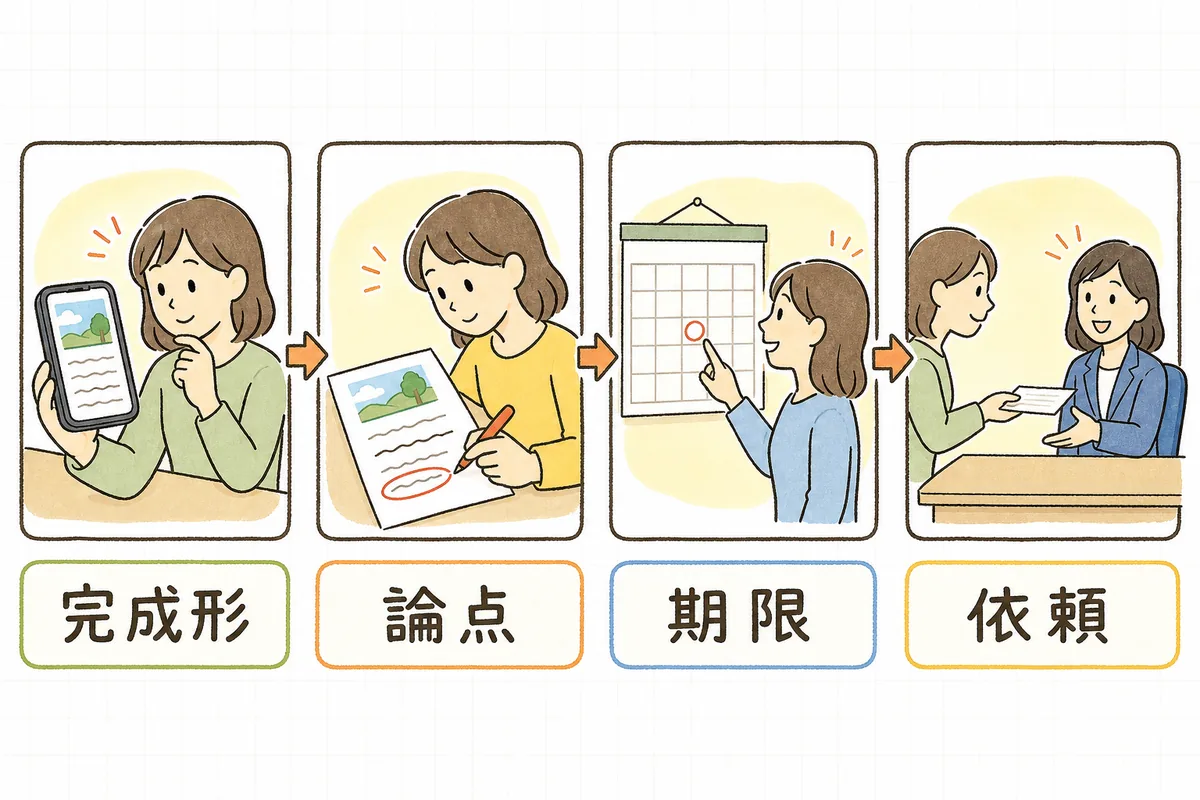 確認依頼の4つのステップを左から右へ並べた図。左から、下書きを完成形に整える場面、気になる箇所に印をつける場面、カレンダーで期限を確かめる場面、1枚の依頼メモを渡す場面