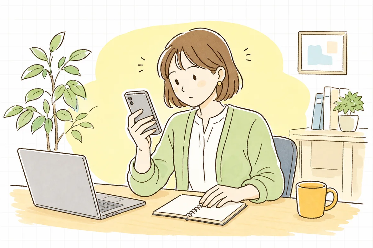 投稿の反応を見ながら、いいねはついているのに保存やシェアが少ないことに気づいて考え込んでいる企業SNS担当者の情景