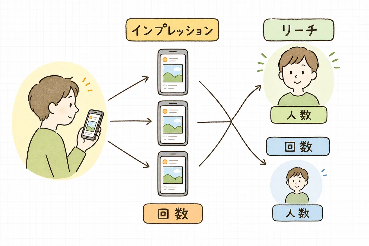 同じ1人が投稿を3回見た場合、インプレッションは3・リーチは1になることを示す概念図