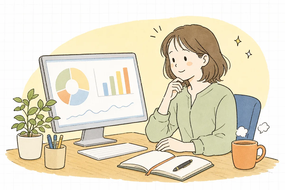 レポート画面に並ぶインプレッションとリーチの数字を見比べながら、その違いに気づいて表情がやわらぐ企業SNS担当者の情景