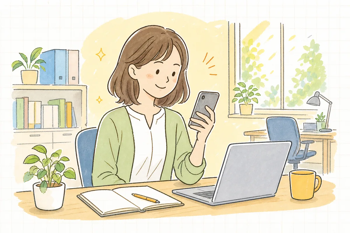 投稿への反応やフォロワーの増え方を見ながら、スマホを手にやわらかく微笑む企業SNS担当者の情景