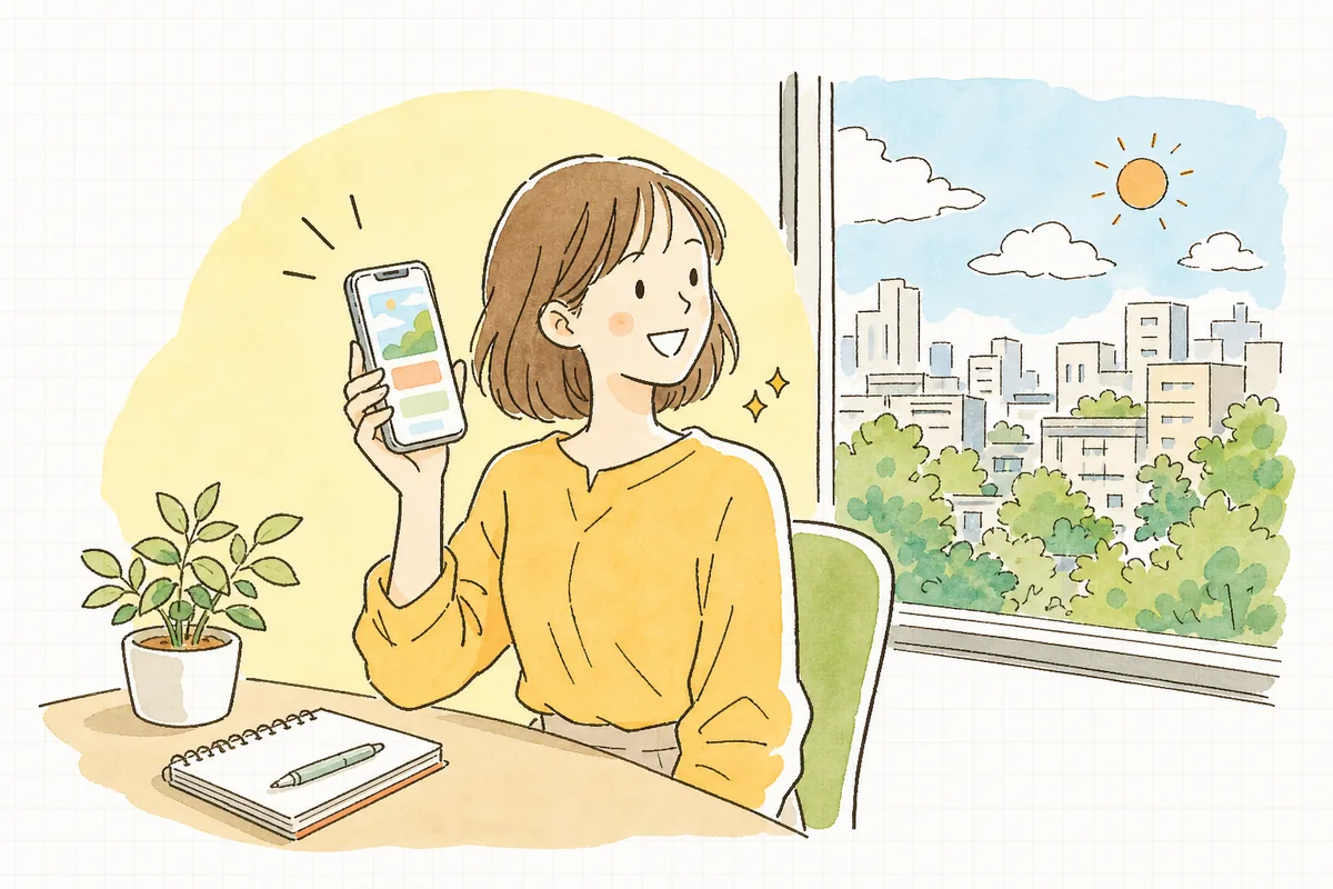 整えたプロフィール画面をスマートフォンで確認し、手ごたえを感じて前向きな表情になっている企業SNS担当者の情景