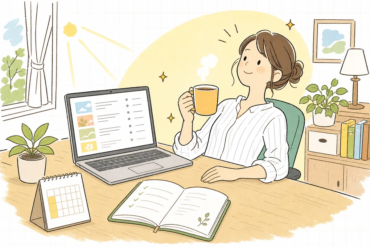 過去投稿の点検を終えて、片づいた気持ちで穏やかに息をついている企業SNS担当者の明るい情景