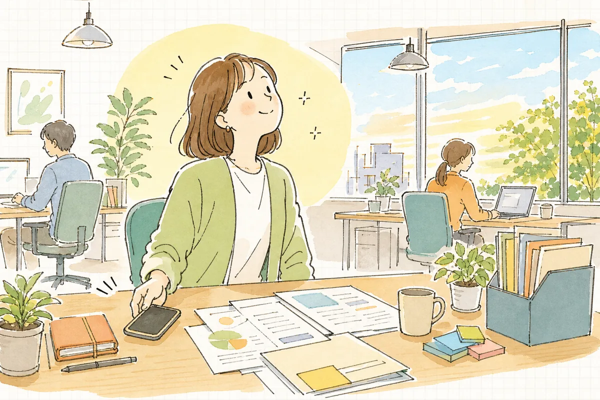 短い時間でその日のSNS運用を終え、本業に軽やかに戻っていく兼務担当者の前向きな情景