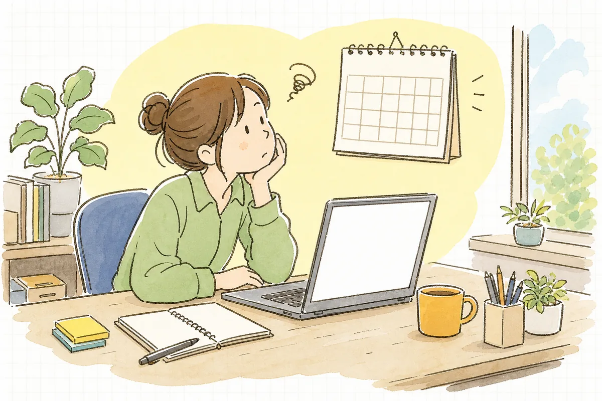 朝のデスクで「今日は何を投稿しよう」とカレンダーを見ながら手が止まっている企業SNS担当者の情景