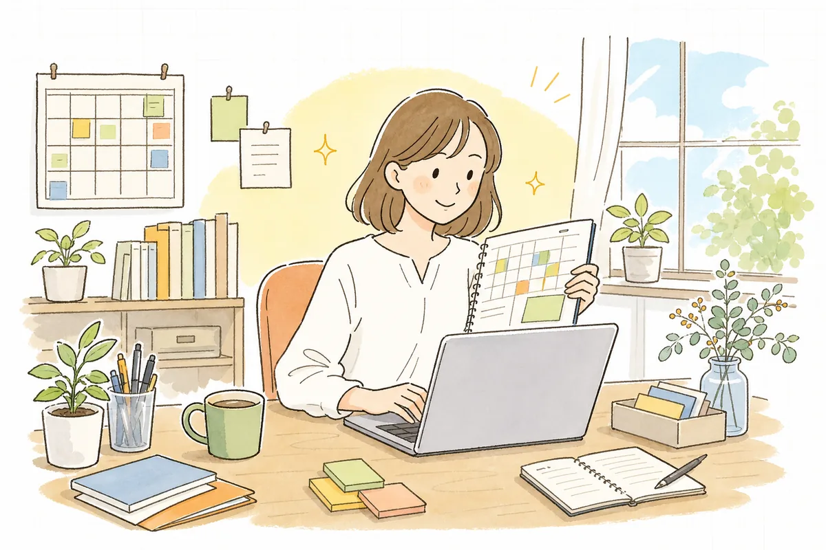 完成した投稿カレンダーを見ながら、迷いなく落ち着いて投稿に取りかかる企業SNS担当者の情景
