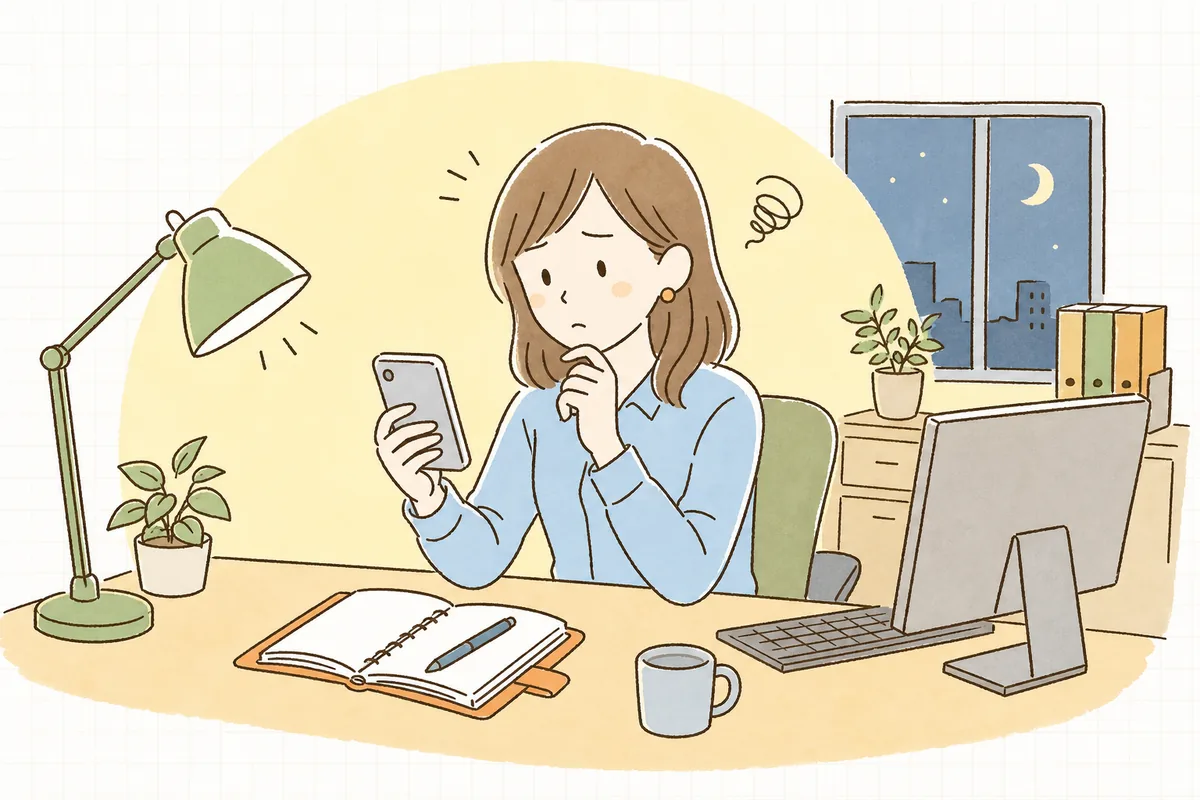 夜のオフィスでスマホの通知を見ながら「誰に連絡すればいいのか」と一瞬迷って手が止まっている企業SNS担当者の情景