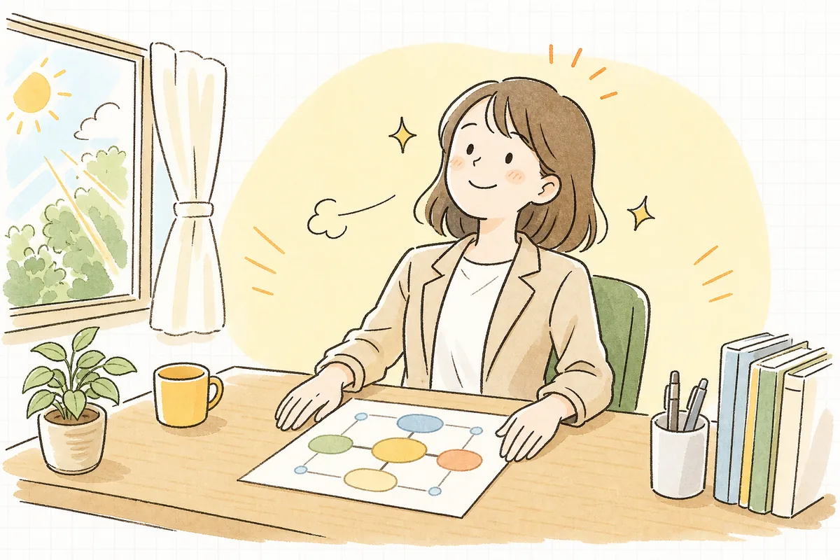 緊急連絡の体制を整え終え、誰に連絡すればいいか分かって肩の力が抜け、前を向く企業SNS担当者の情景