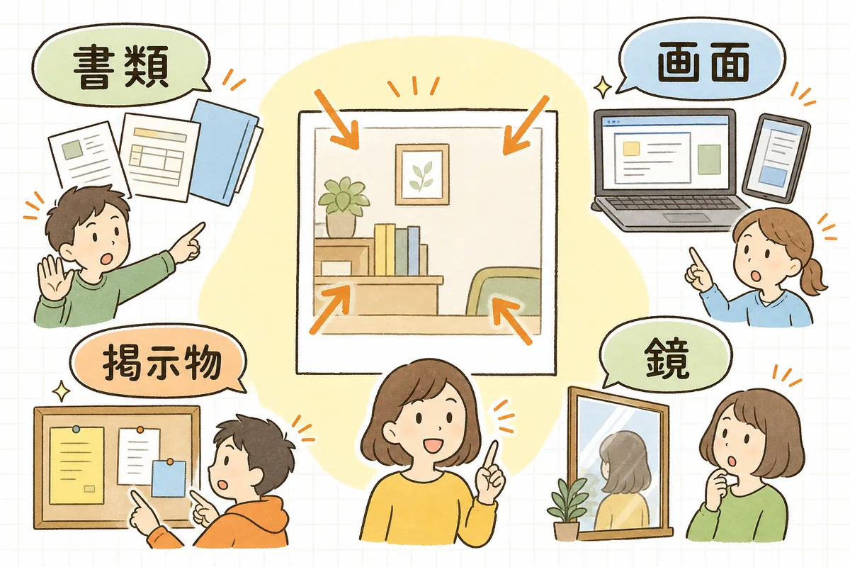 投稿写真で写り込みやすい「書類・画面・掲示物・鏡」などの場所を示した確認ポイント図