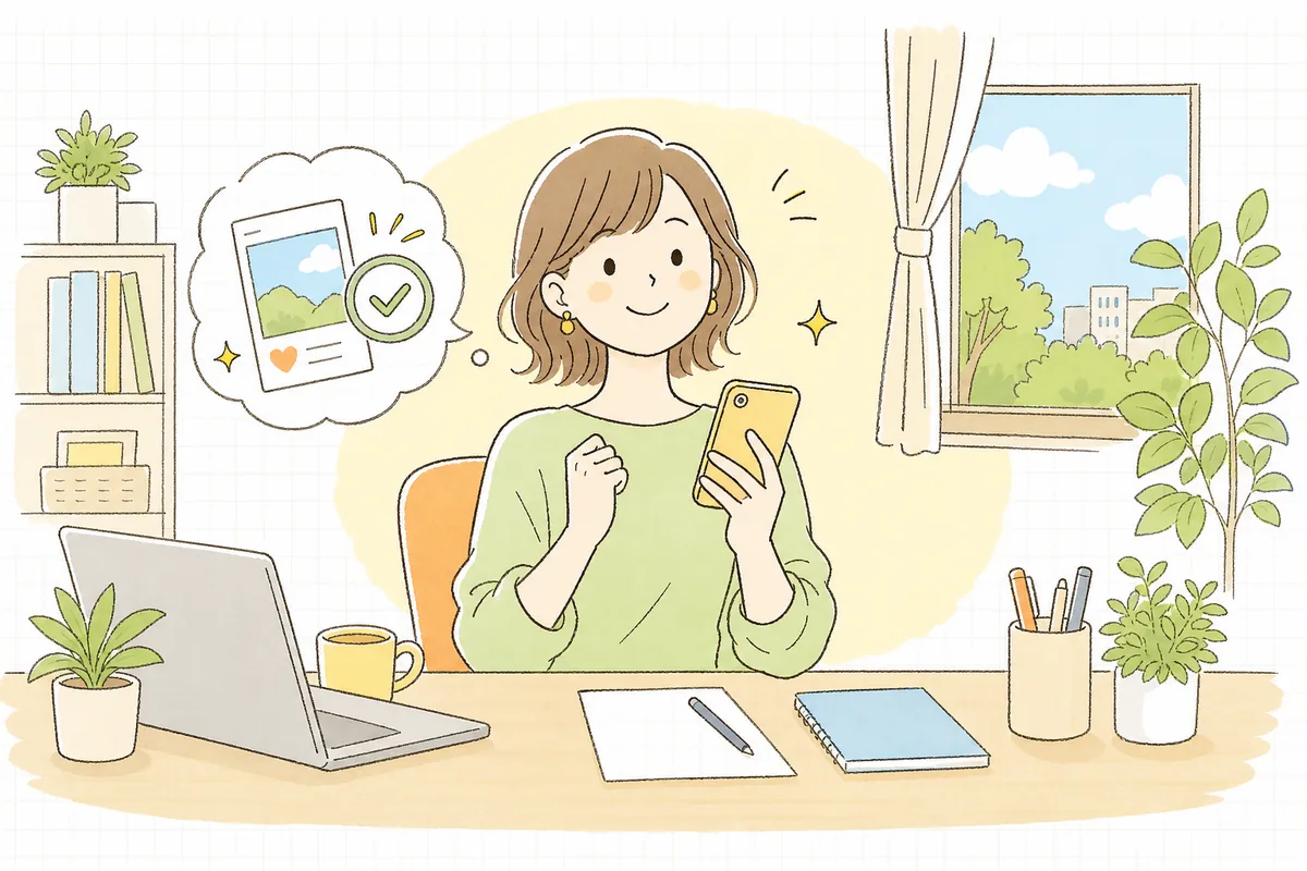 背景を確認して安心した表情で、落ち着いて投稿ボタンを押す企業SNS担当者の明るい情景