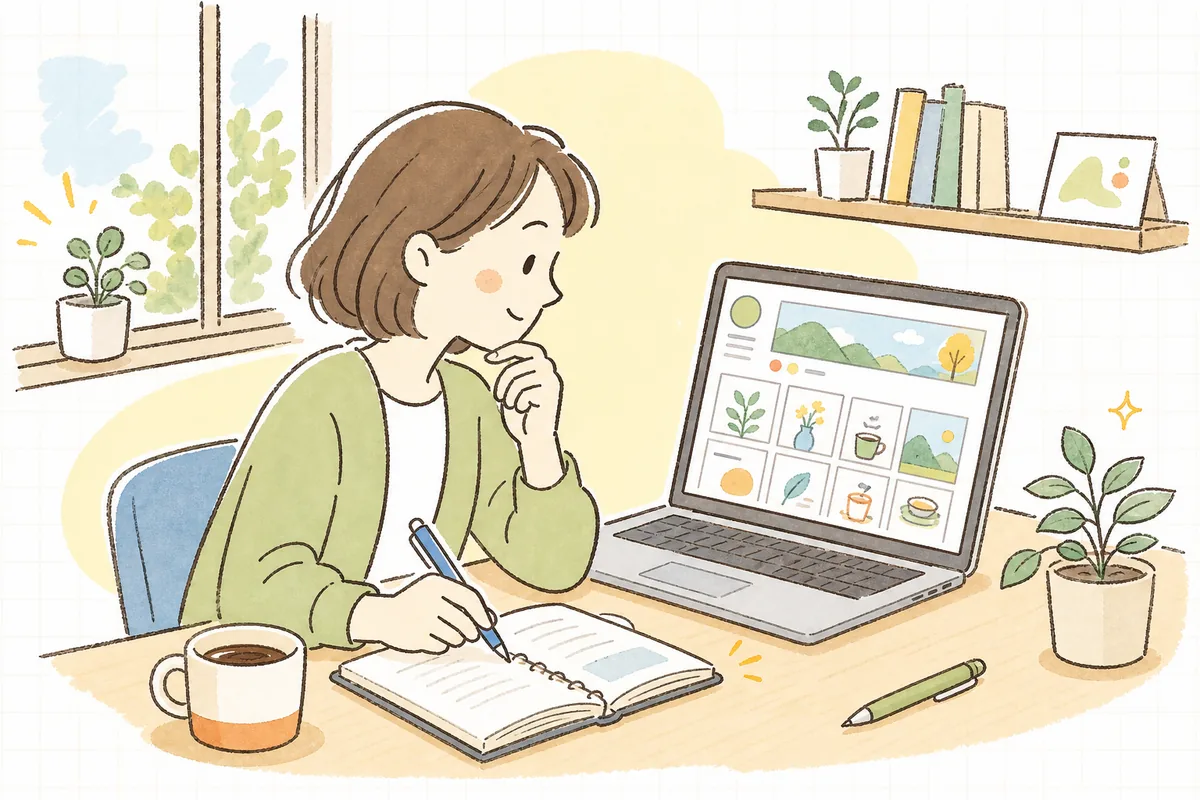 パソコンで競合企業のSNSアカウントを眺めながら、比べて落ち込むのではなく「ここは参考になるな」と静かにメモを取る企業SNS担当者の情景