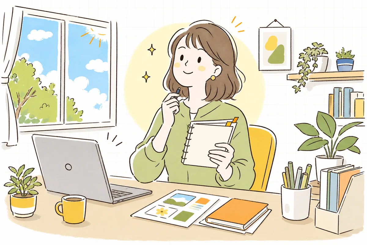 競合から持ち帰ったヒントを手に、自分の投稿づくりへ前向きに向かう企業SNS担当者の明るい情景