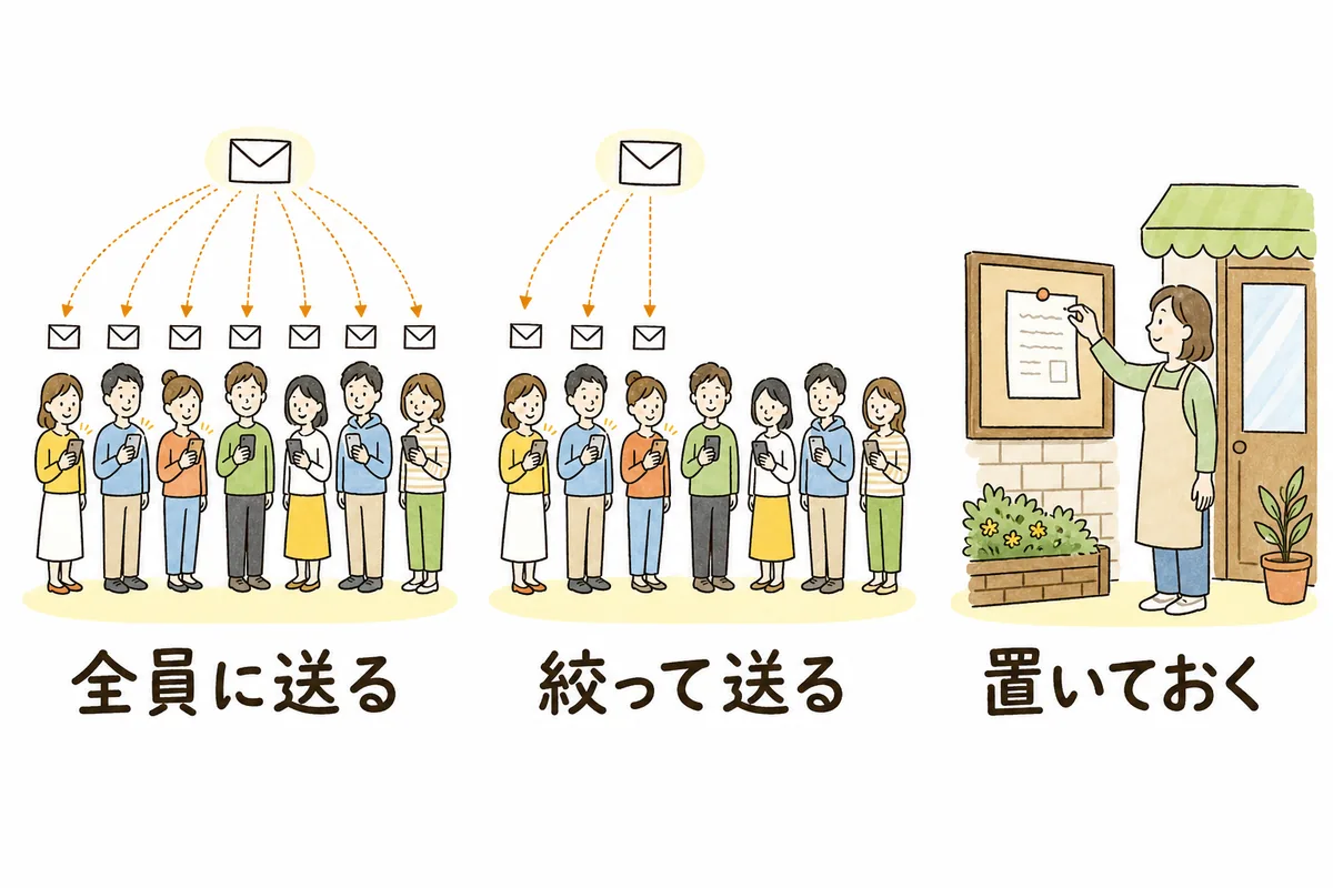 横に3つの場面が並ぶ図。左はたくさんの人のスマートフォンに封筒が届く場面、中央は数人だけのスマートフォンに封筒が届く場面、右は担当者がお店の掲示板にメモを貼っておく場面で、それぞれの下に「全員に送る」「絞って送る」「置いておく」のラベルがある