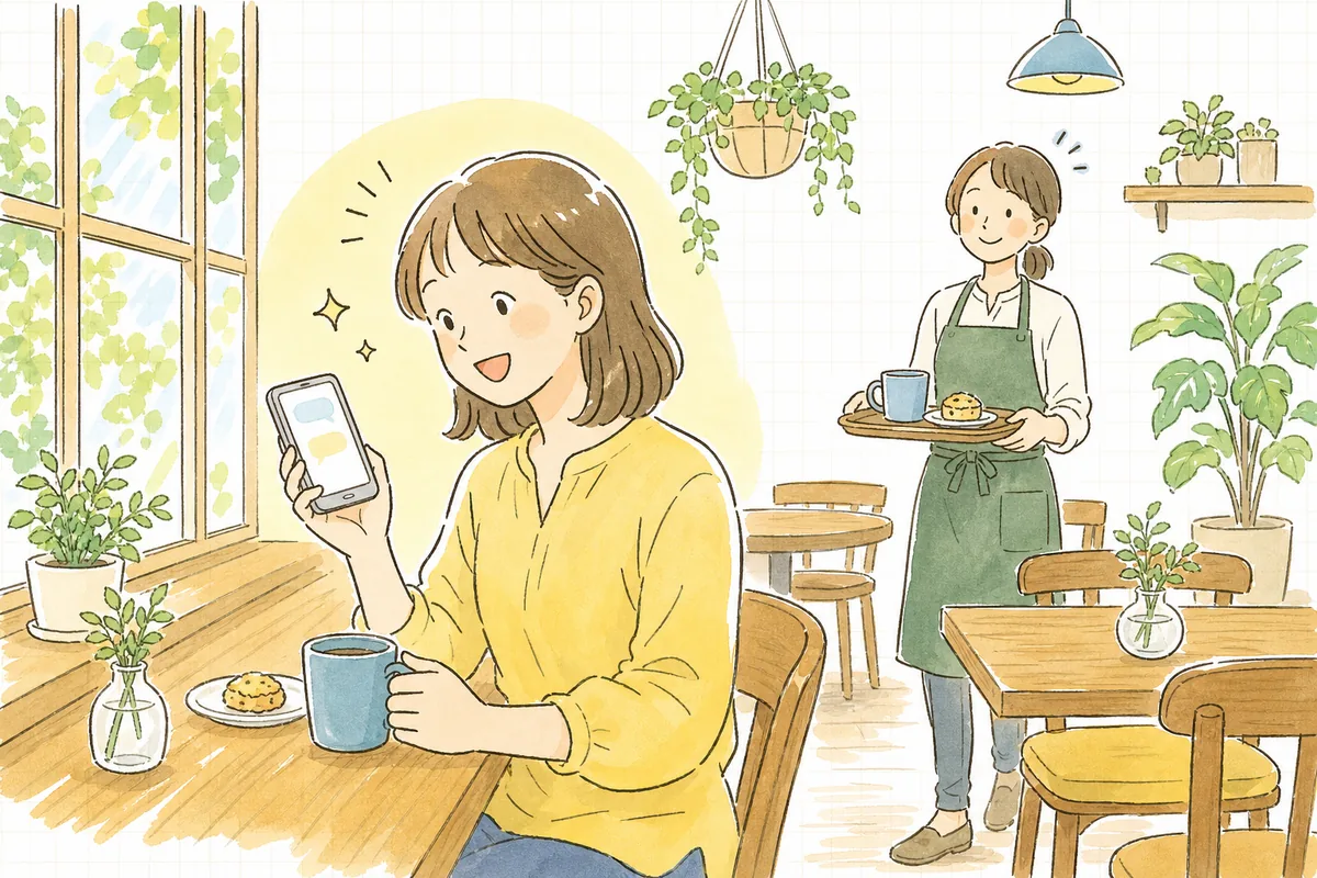 明るい朝のカフェのカウンターで、お客さんがスマートフォンに届いたお店からのメッセージを見てうれしそうに微笑み、その様子を店の奥から企業SNS担当者がほっとした笑顔で見ている情景