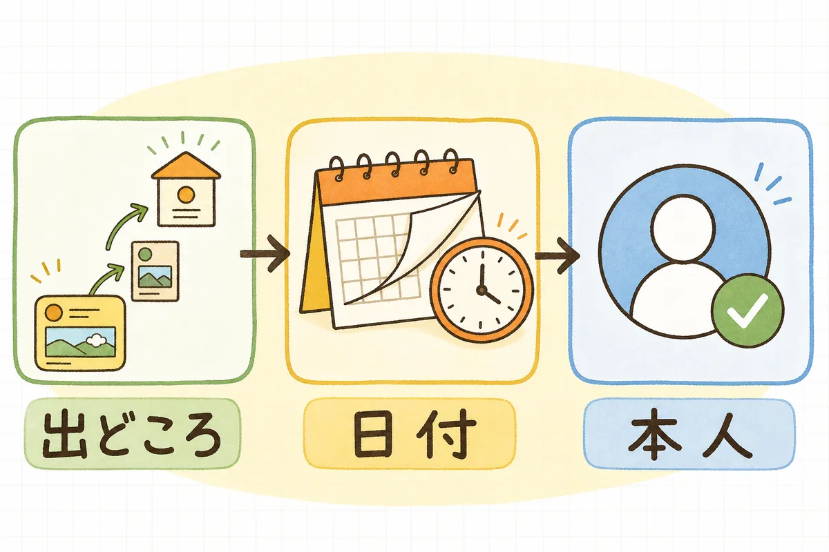 出どころ・日付・本人の3つをたどって未確認情報を確かめる手順を示した概念図