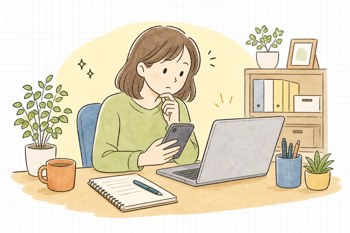 リポストする前に、情報の出どころをパソコンで確かめている企業SNS担当者の情景