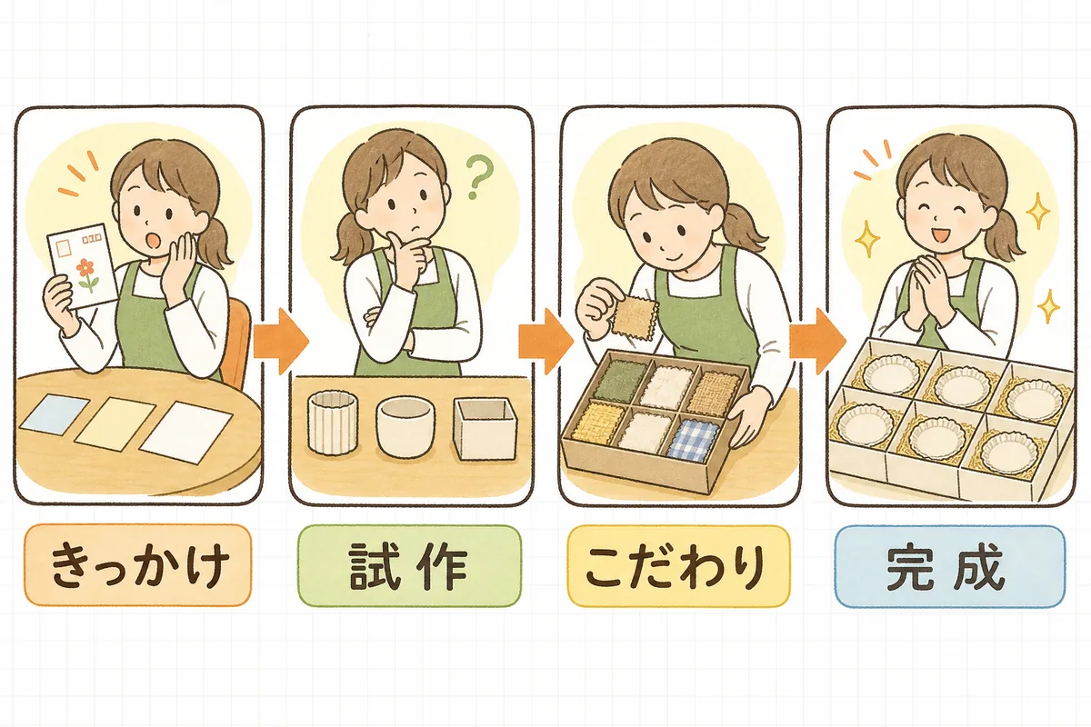 商品ができるまでを、左から「きっかけ」「試作」「こだわり」「完成」の4つの場面で示した図