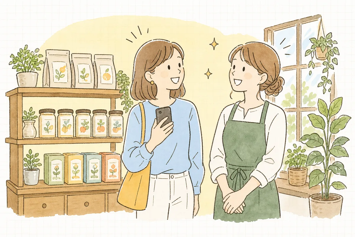 明るい店先で、企業SNS担当者と開発担当のスタッフが、棚に並んだ完成した新商品を前に笑顔で顔を見合わせている情景