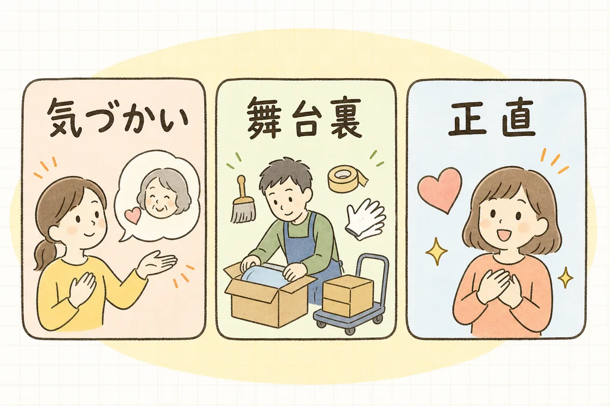 人柄が出やすい投稿の型を「気づかい」「舞台裏」「正直な一言」の3つのカードで並べた図
