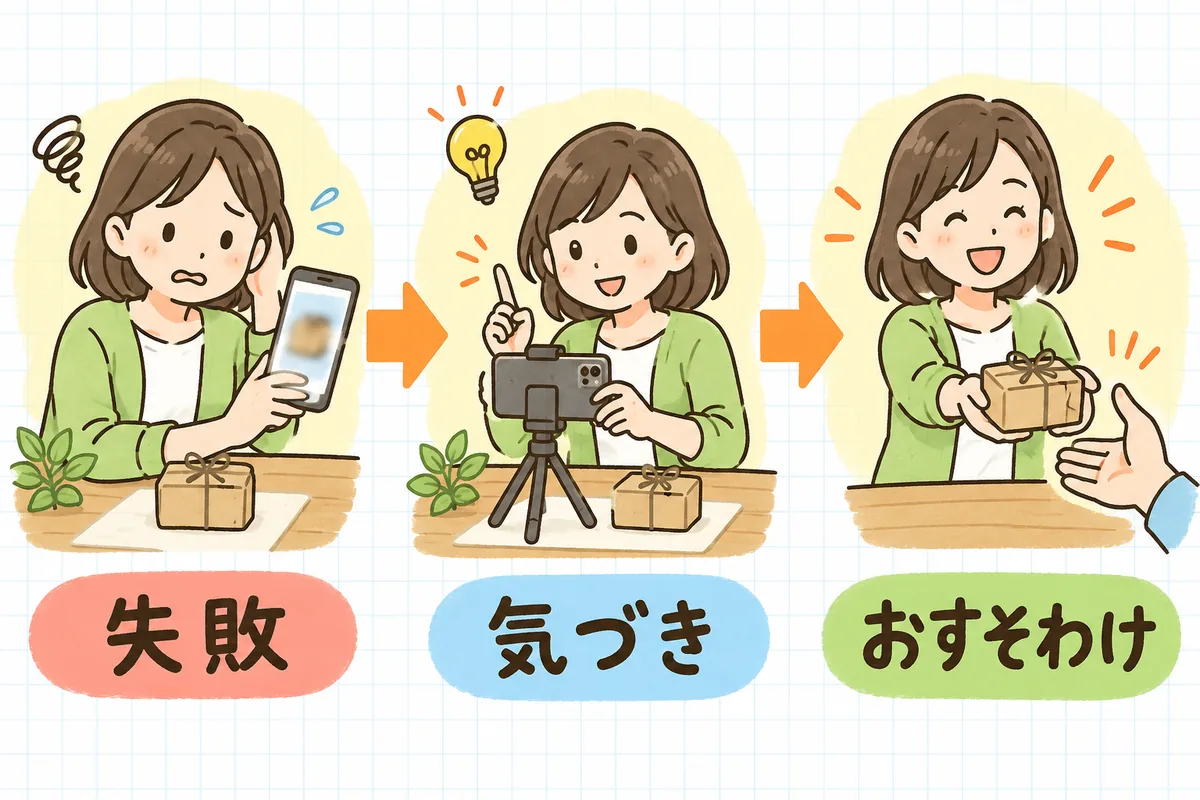 失敗談投稿の組み立てを、左から「失敗」「気づき」「おすそわけ」の3つの場面で示した図