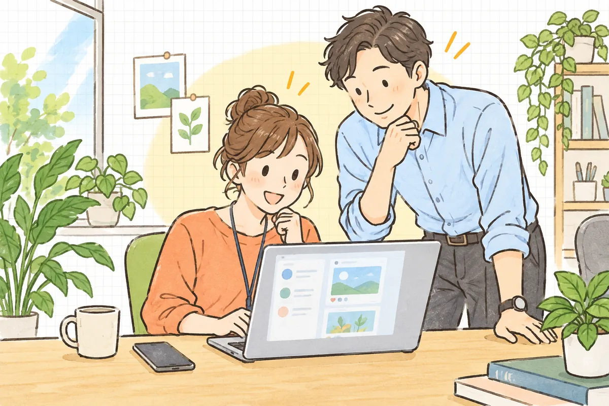 明るいオフィスで、企業SNS担当者と上司が並んでノートパソコンを見ながら、「これで本物が伝わるね」と笑顔でうなずき合っている情景