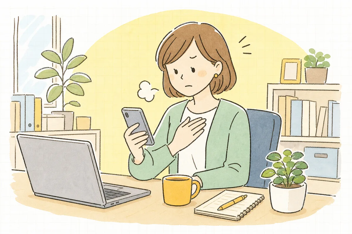 スマホに届いた厳しめのコメントを前に、少し表情をこわばらせながらも落ち着こうとしている企業SNS担当者の情景