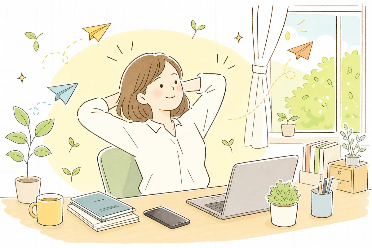 対応の型を整えて、通知を確認し終え、肩の力を抜いて穏やかな表情になった企業SNS担当者の情景