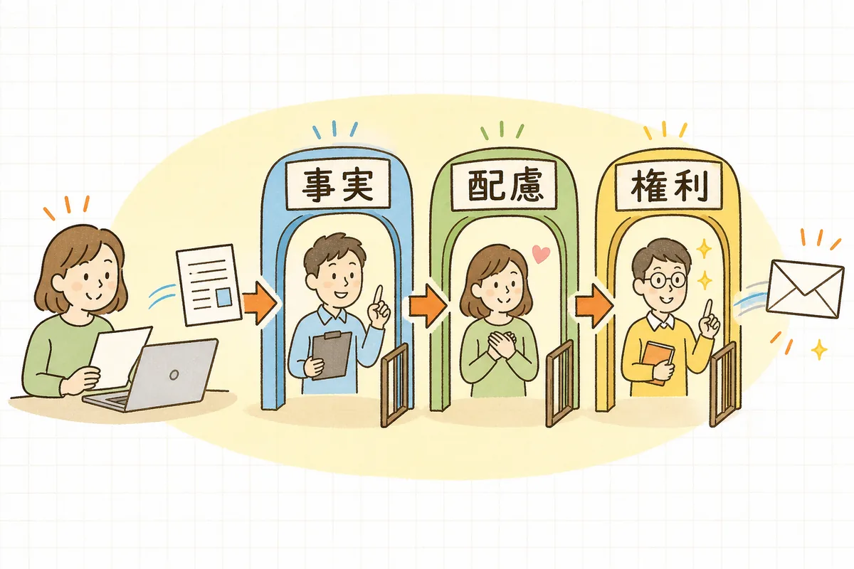 企業SNSの投稿を送信する前に見る3つの確認軸(事実・配慮・権利)を示した図