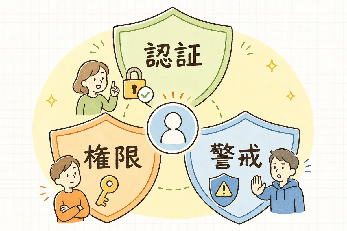 SNSアカウントを「認証」「権限」「警戒」の3つの守りで囲んで保護する考え方を示した概念図